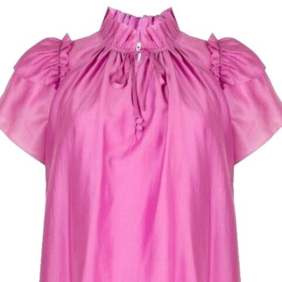 Hunter Bell Milli top, silky fuchsia pink ruffle neck/sleeve relaxed fit blouse - Picture 4 of 12